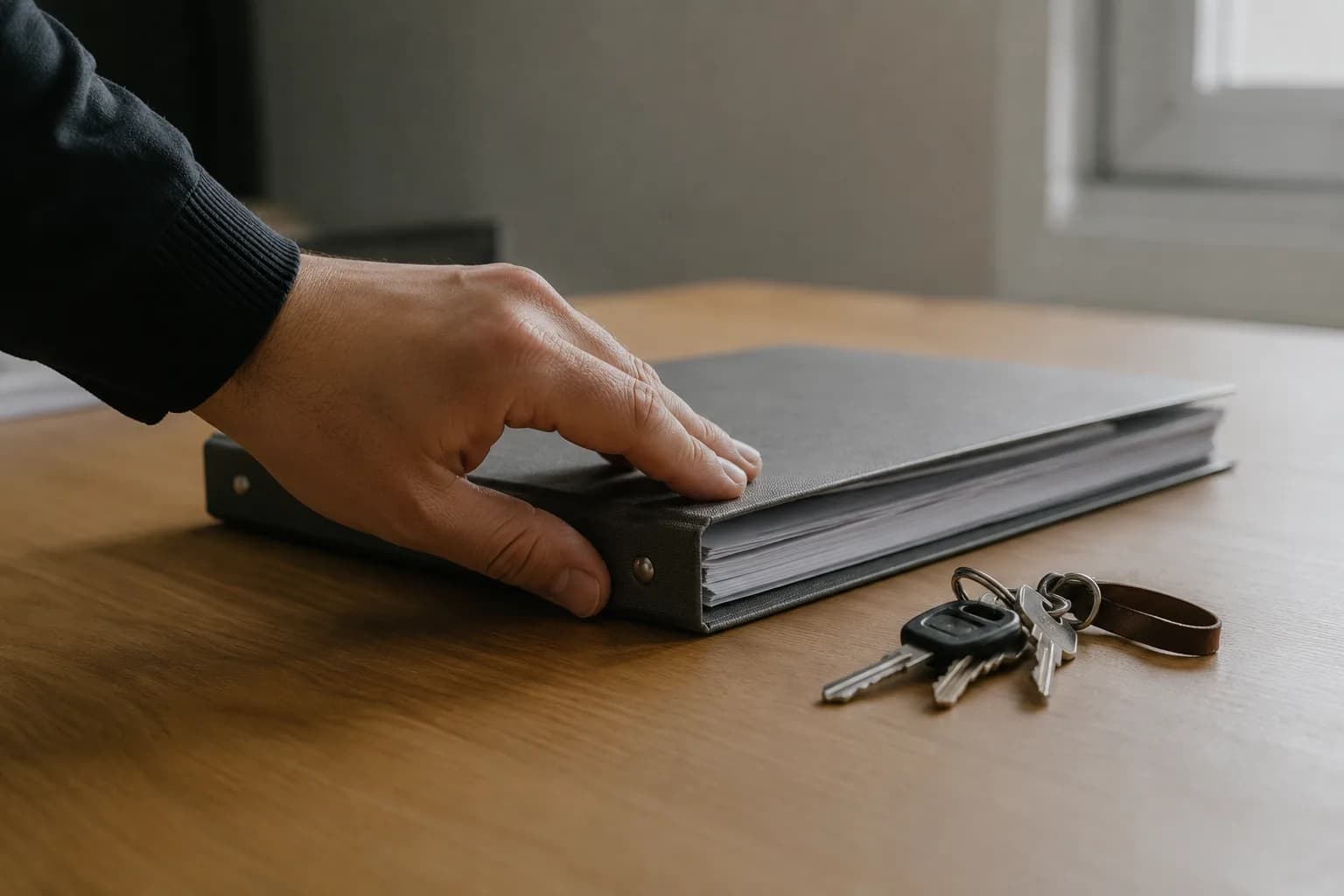 A hand closing a document folder on a desk, keys beside it