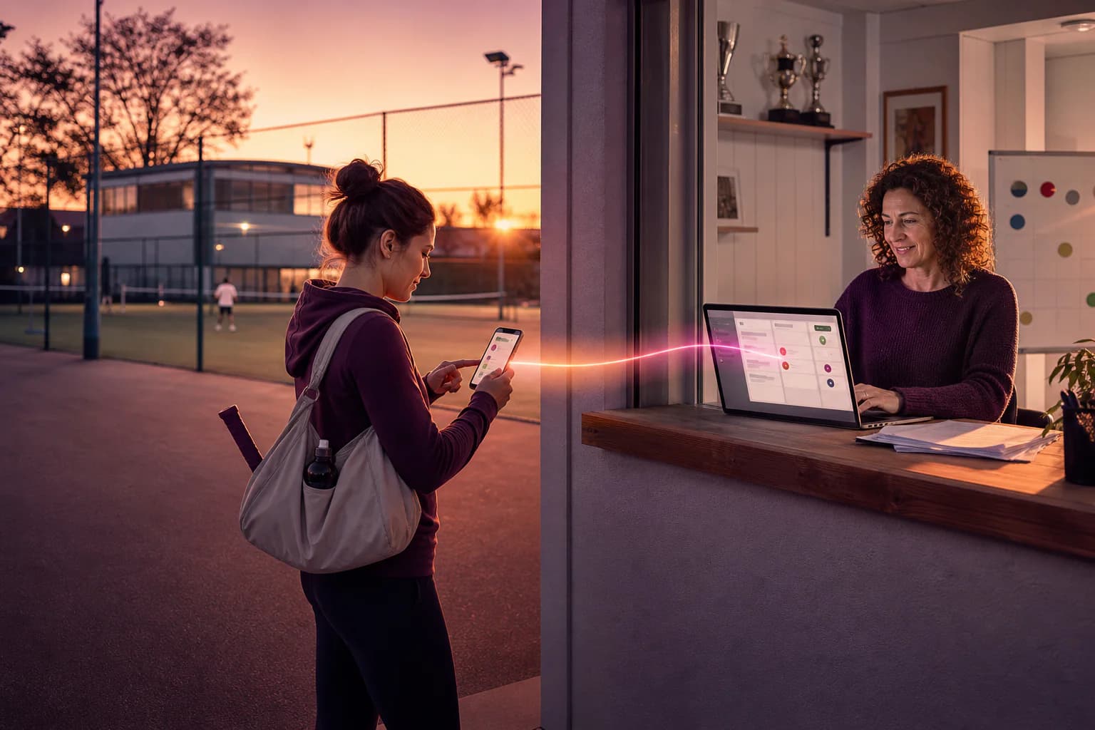 AI-generated illustration: A prospective member asks a question by smartphone at a sports court and a structured enquiry reaches a club volunteer on a laptop